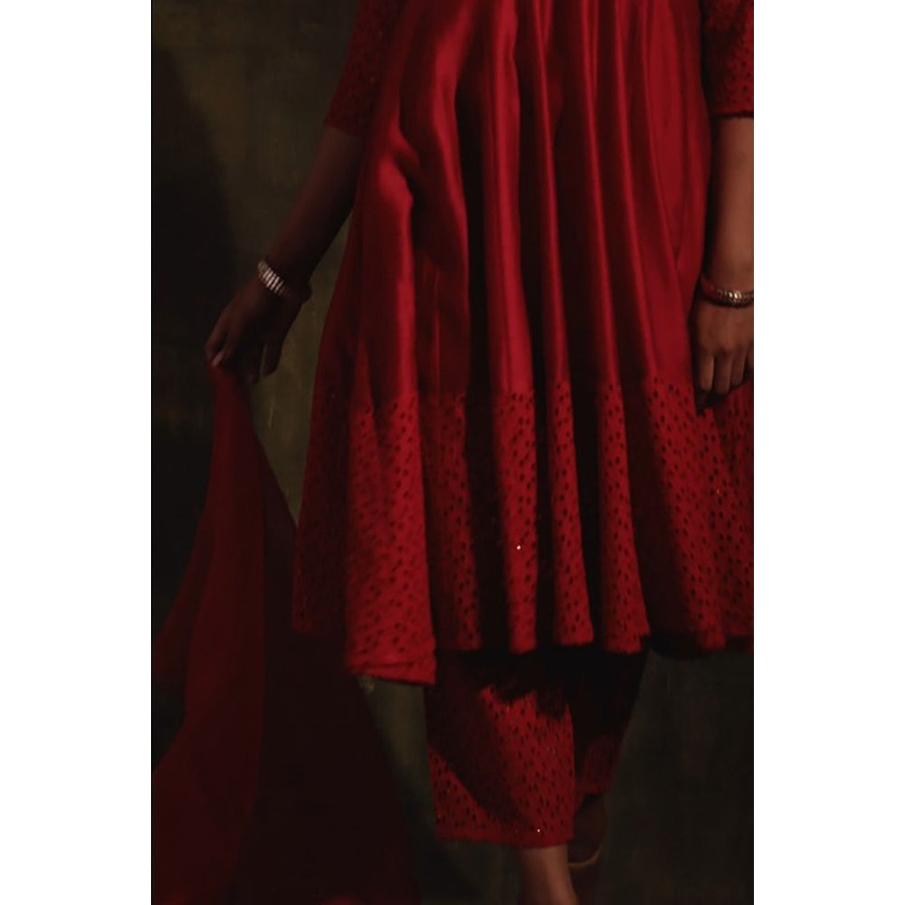 Charkhee Scarlet Red Flared Anarkali With Pants & Dupatta - (Set Of 3)