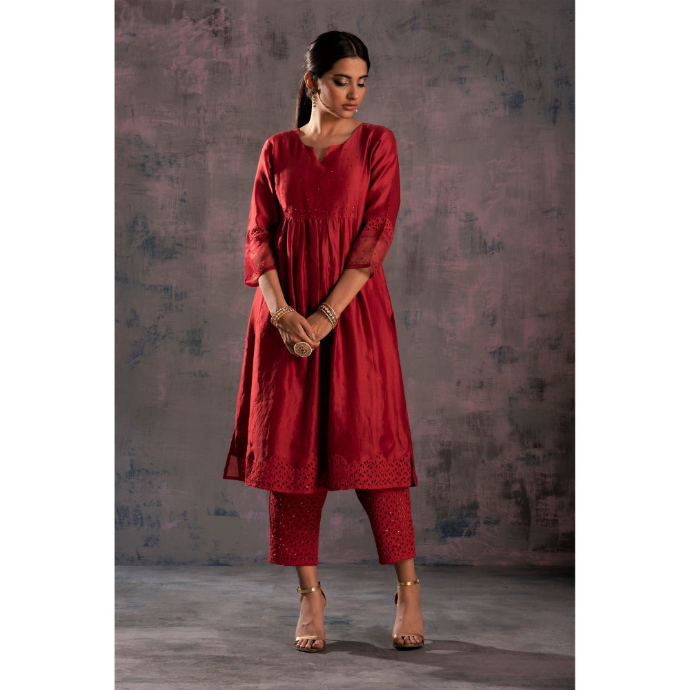 Charkhee Scarlet Red Front Gathered Kurta With Pants & Dupatta - (Set Of 3)