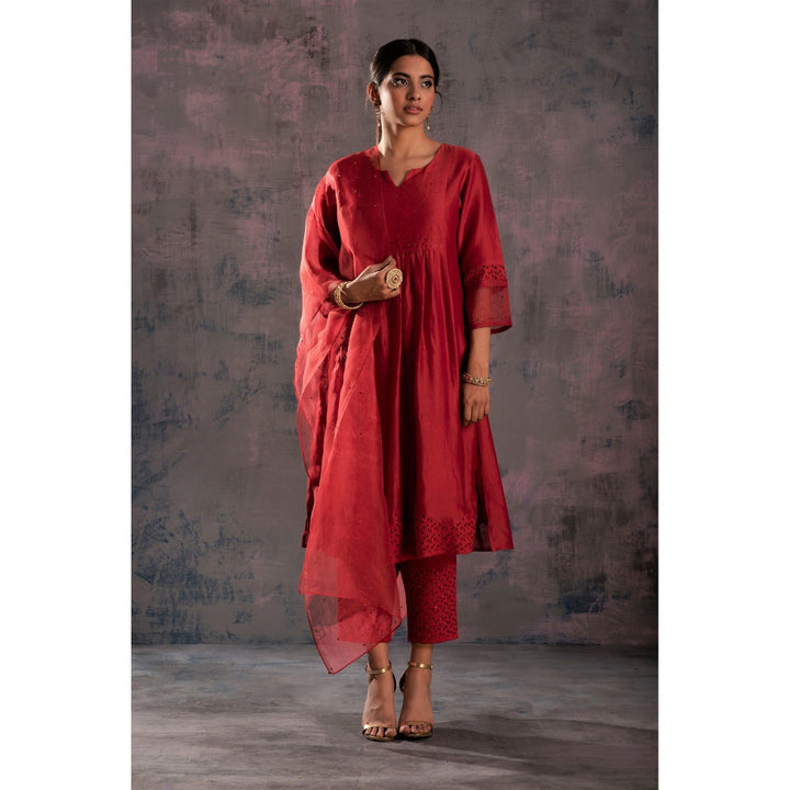 Charkhee Scarlet Red Front Gathered Kurta With Pants & Dupatta - (Set Of 3)