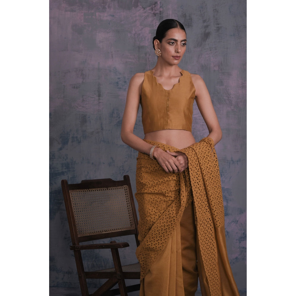 Charkhee Golden Chanderi Saree With Sleeveless Blouse - (Set Of 2)