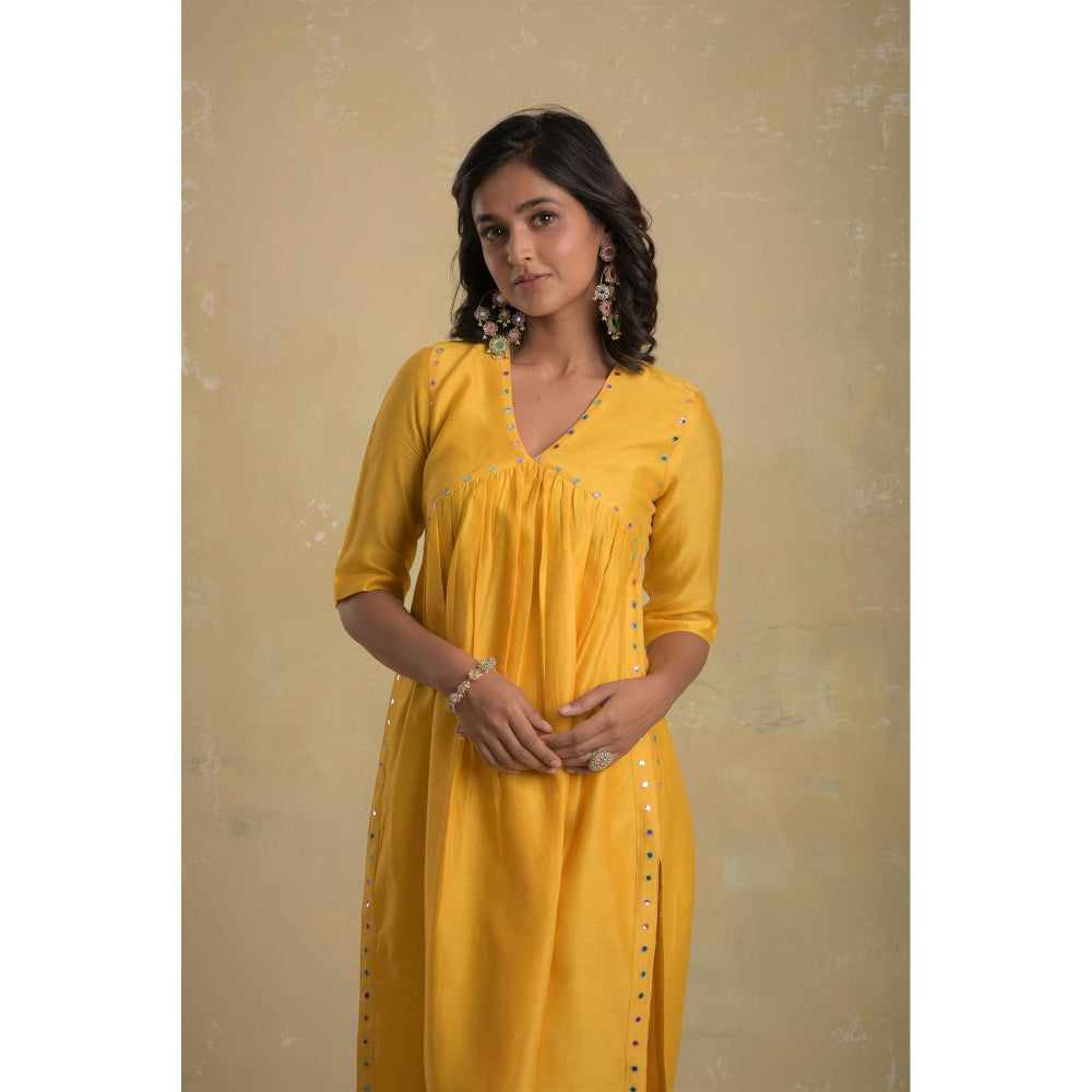 Charkhee Sunflower Yellow V-Neck High Slit Kurta With Pant & Dupatta - (Set of 3)