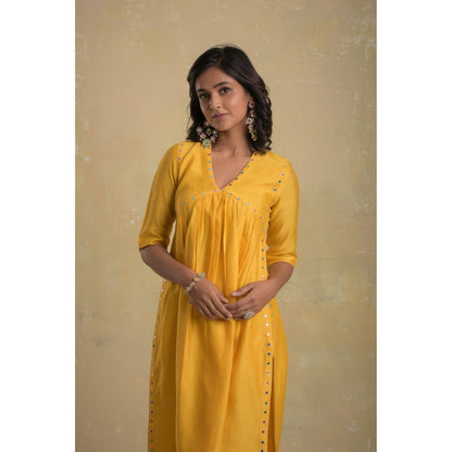Charkhee Sunflower Yellow V-Neck High Slit Kurta With Pant & Dupatta - (Set of 3)