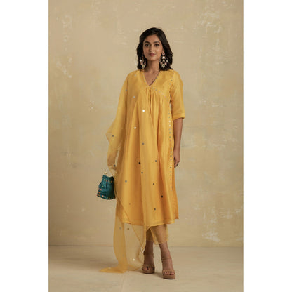 Charkhee Sunflower Yellow V-Neck High Slit Kurta With Pant & Dupatta - (Set of 3)