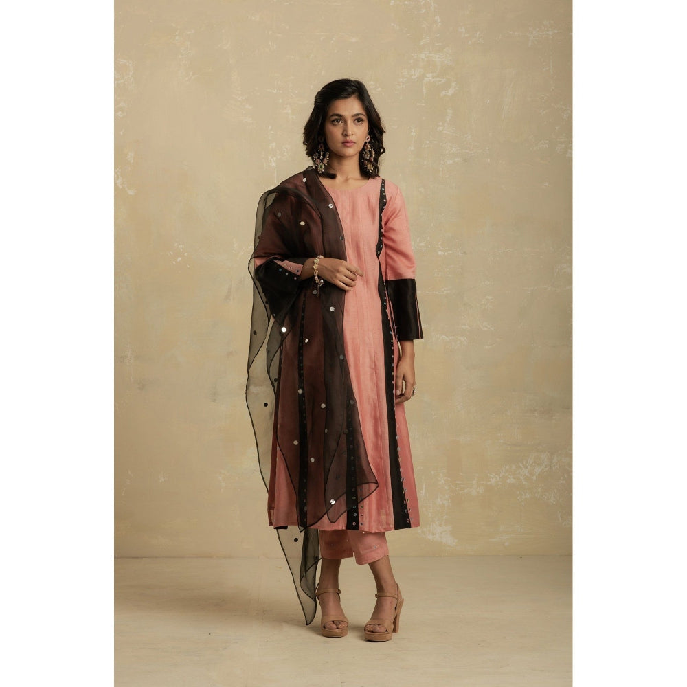 Charkhee Dusky Pink Panelled Kurta With Pant & Organza Dupatta - (Set of 3)