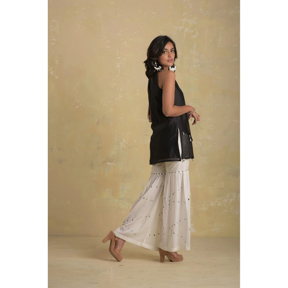 Charkhee Black & White Short Kurti With Sharara & Dupatta - (Set of 3)
