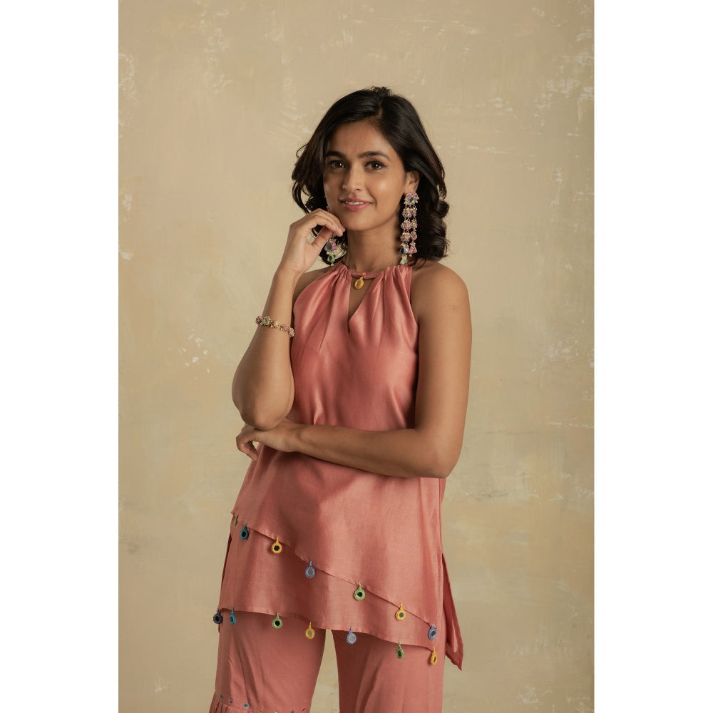Charkhee Dusky Pink Short Kurti With Sharara & Dupatta - (Set of 3)