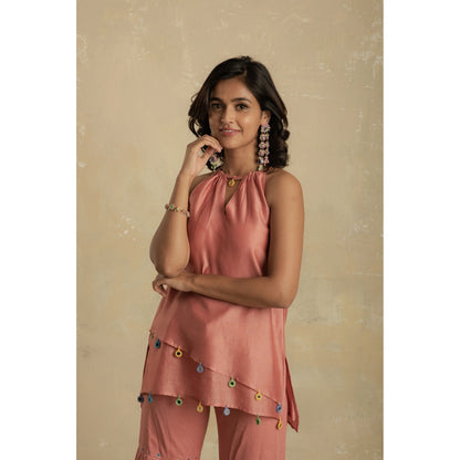 Charkhee Dusky Pink Short Kurti With Sharara & Dupatta - (Set of 3)