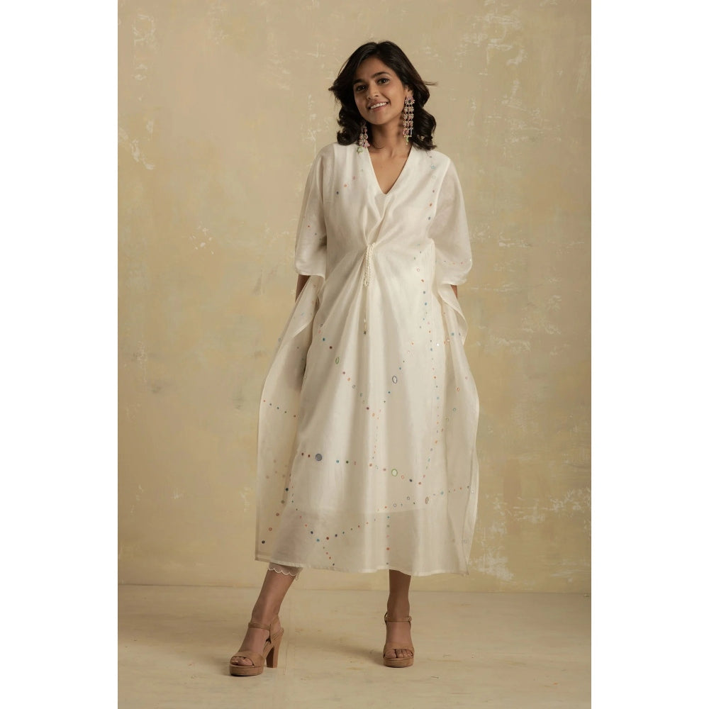 Charkhee Pearl White Chanderi Kaftan With Mirror Work