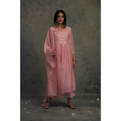Charkhee Chanderi Gathered Kurta Set - (Set of 3)