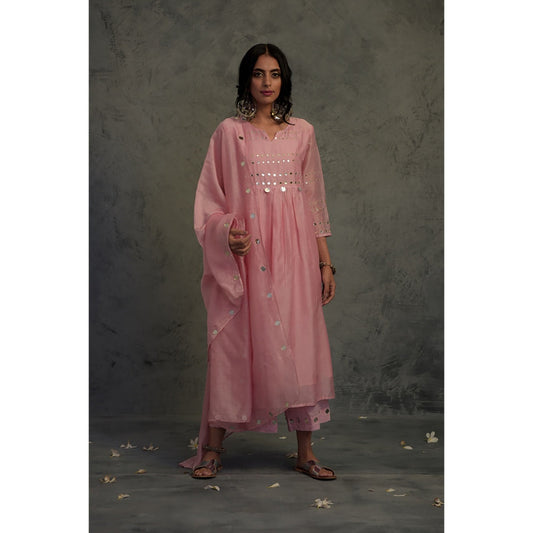 Charkhee Chanderi Gathered Kurta Set - (Set of 3)