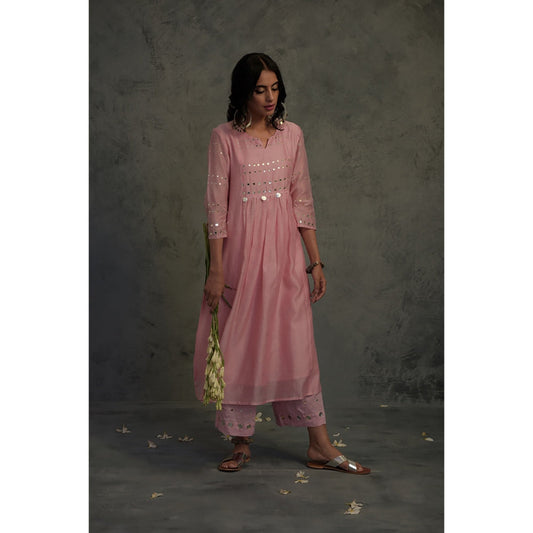 Charkhee Chanderi Gathered Kurta Set - (Set of 3)