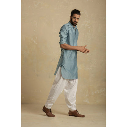charkhee Men Ice Blue Pathani Kurta with White Salwar (Set of 2)