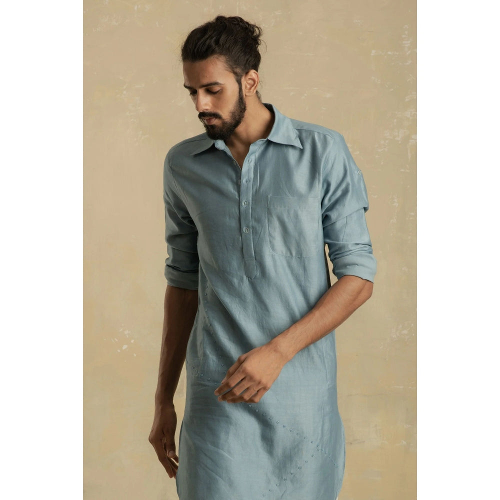 charkhee Men Ice Blue Pathani Kurta with Black Salwar (Set of 2)