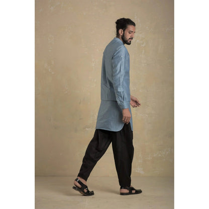 charkhee Men Ice Blue Pathani Kurta with Black Salwar (Set of 2)