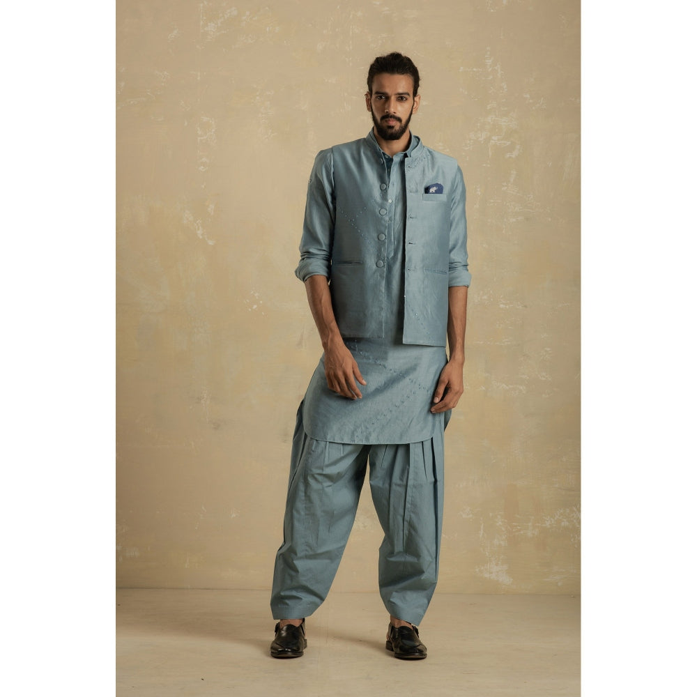 charkhee Men Ice Blue Pathani Kurta with Ice Blue Salwar (Set of 2)