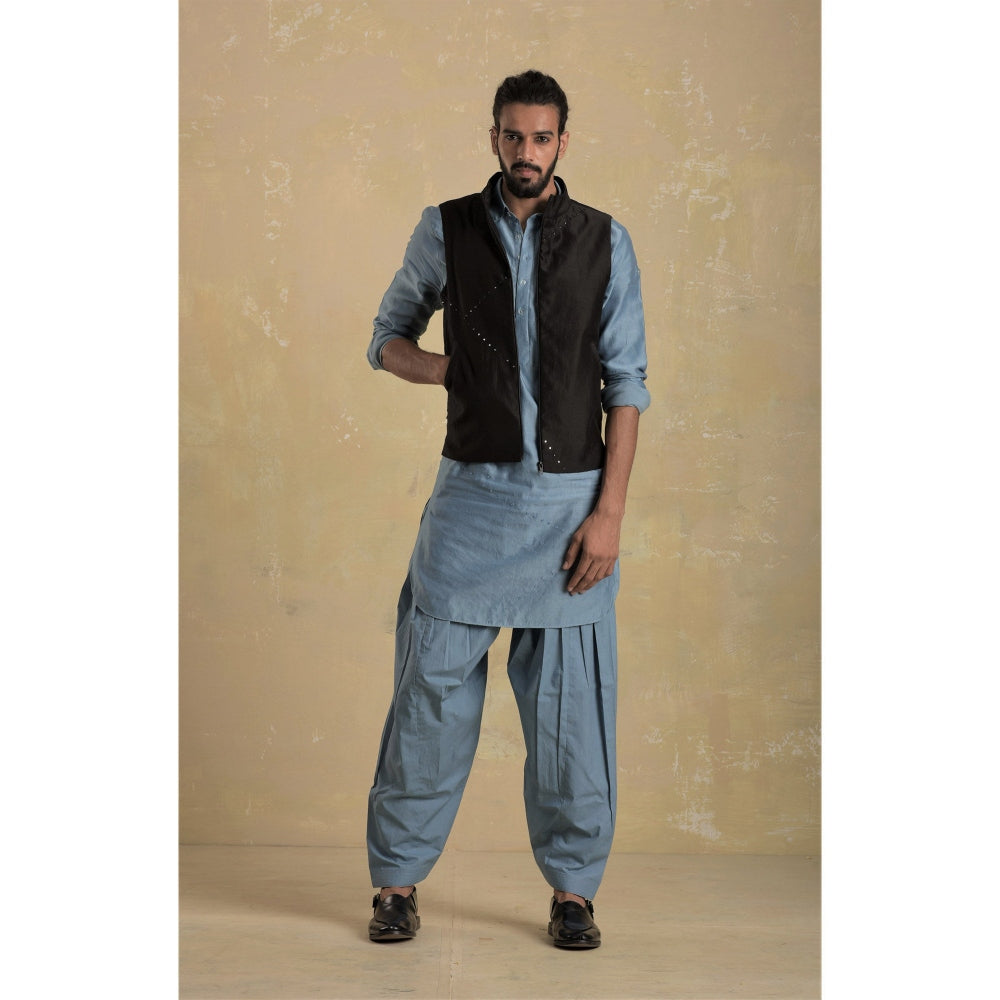 charkhee Men Ice Blue Pathani Kurta with Ice Blue Salwar (Set of 2)