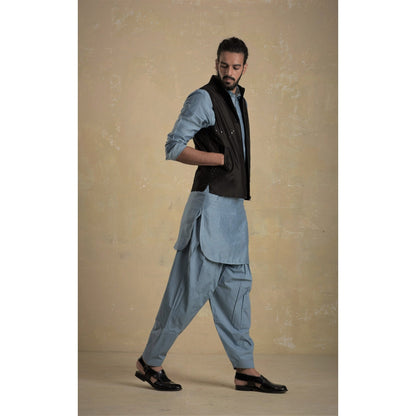 charkhee Men Ice Blue Pathani Kurta with Ice Blue Salwar (Set of 2)