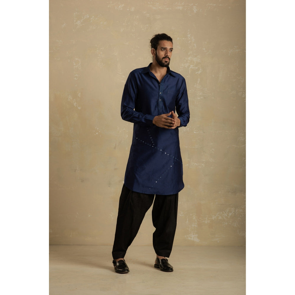 charkhee Men Sapphire Blue Pathani Kurta with Black Salwar (Set of 2)