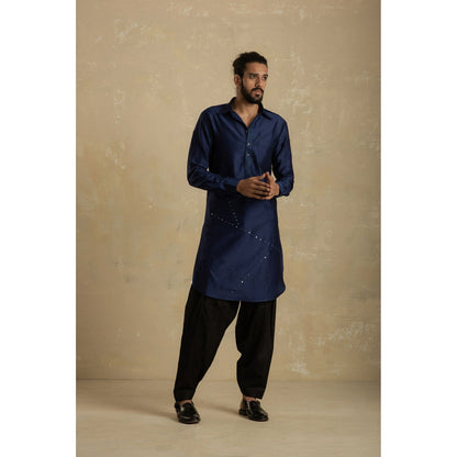 charkhee Men Sapphire Blue Pathani Kurta with Black Salwar (Set of 2)