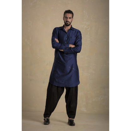 charkhee Men Sapphire Blue Pathani Kurta with Black Salwar (Set of 2)