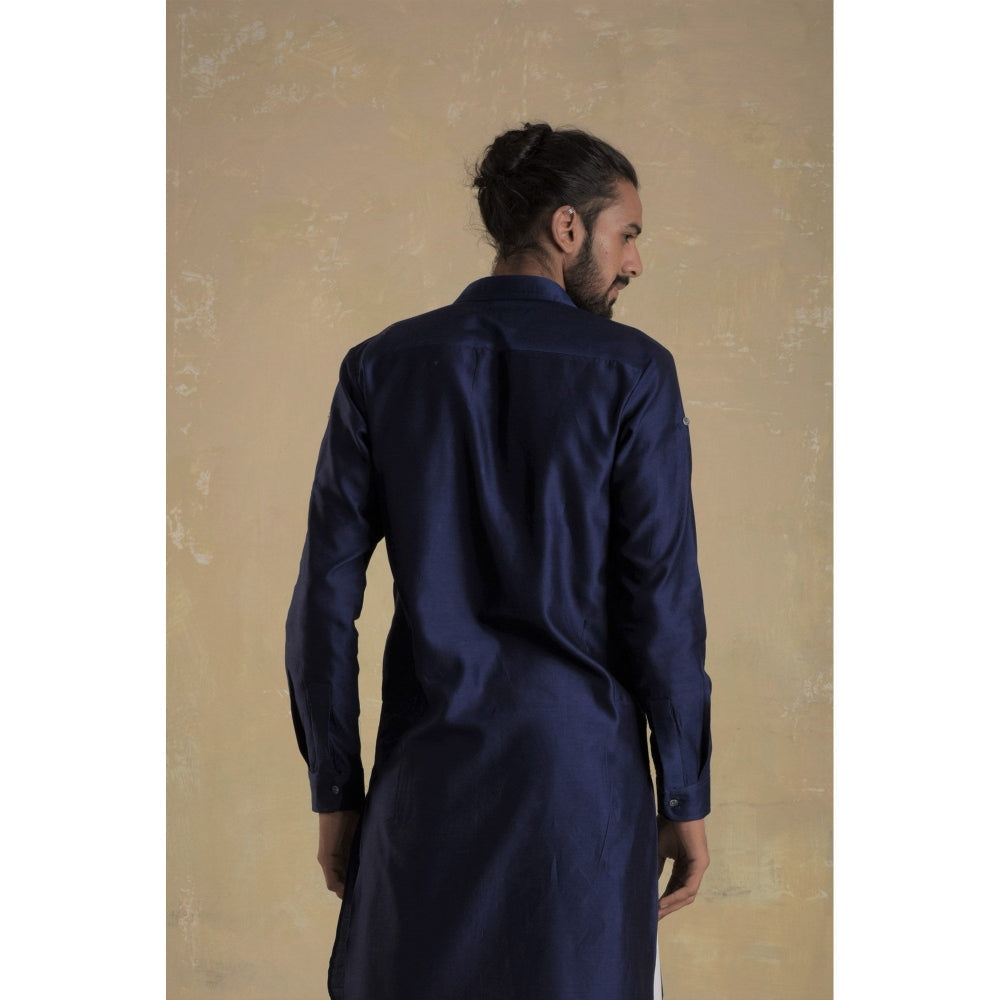 charkhee Men Sapphire Blue Pathani Kurta with Black Salwar (Set of 2)