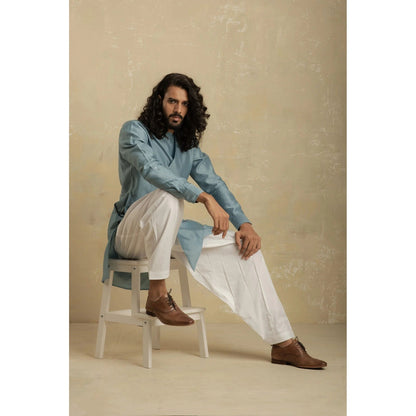 charkhee Men Ice Blue Diagonal Short Kurta with Salwar (Set of 2)