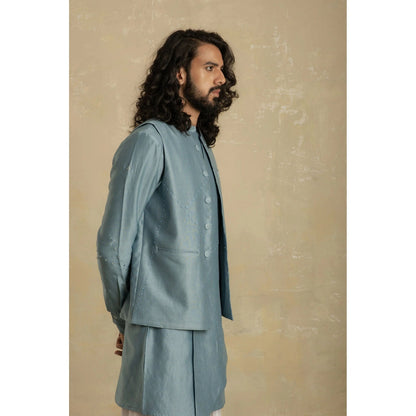 charkhee Men Ice Blue Diagonal Short Kurta with Salwar (Set of 2)