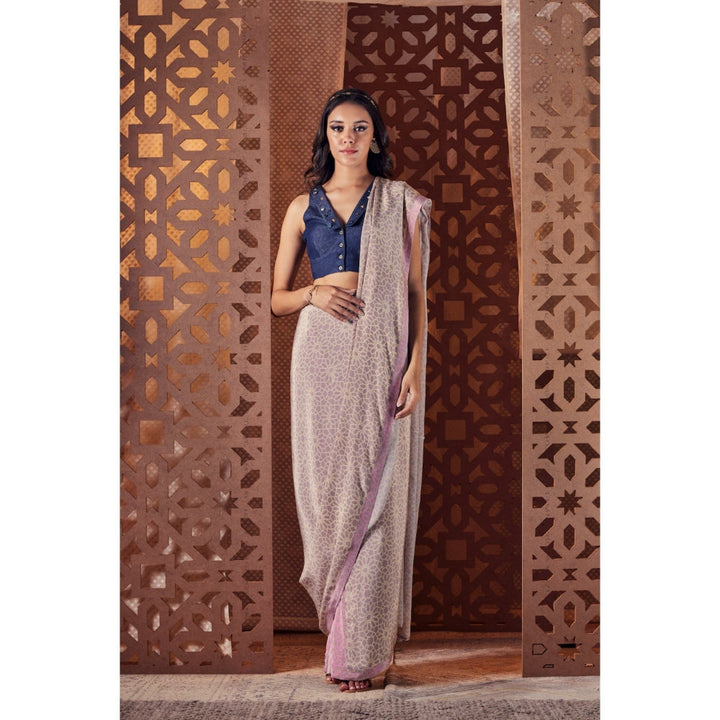 Charkhee Purple Printed Pre Draped Saree With Stitched Blouse