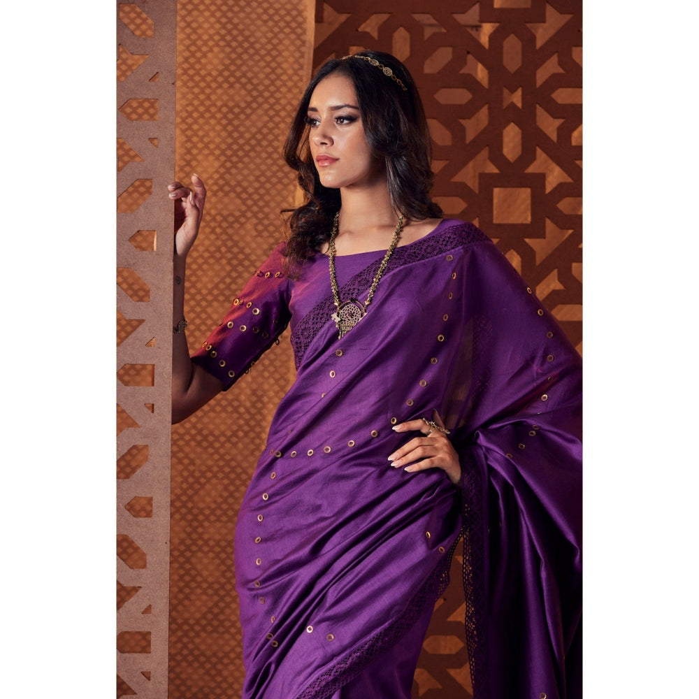 Charkhee Purple Chanderi Saree With Stitched Blouse