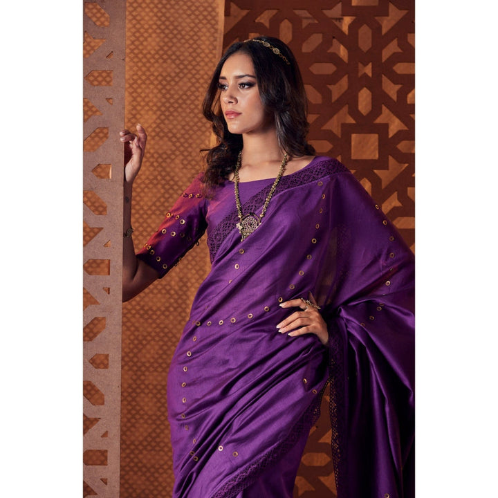 Charkhee Purple Chanderi Saree With Stitched Blouse