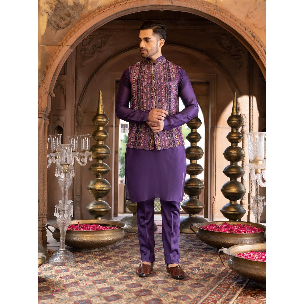Chhavvi Aggarwal Men Purple Printed Bundi (Set of 3)