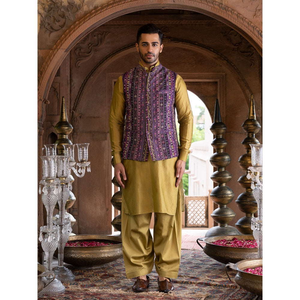 Chhavvi Aggarwal Men Olive and Purple Printed Bundi (Set of 3)
