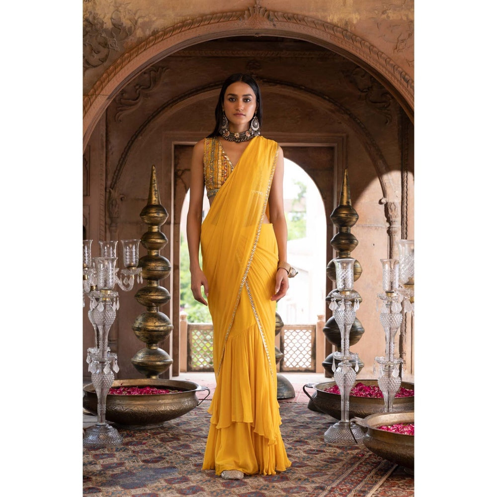 Chhavvi Aggarwal Yellow Pre-Draped Saree with Stitched Blouse