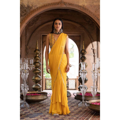 Chhavvi Aggarwal Yellow Pre-Draped Saree with Stitched Blouse (Set of 2)