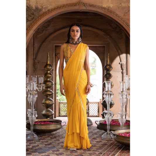 Chhavvi Aggarwal Yellow Pre-Draped Saree with Stitched Blouse (Set of 2)