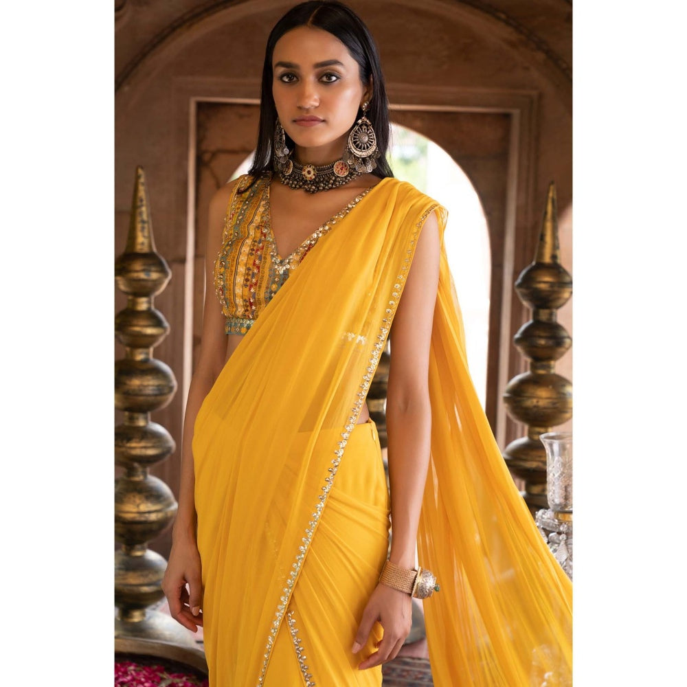 Chhavvi Aggarwal Yellow Pre-Draped Saree with Stitched Blouse (Set of 2)
