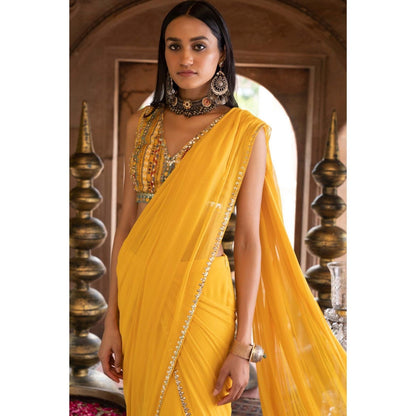 Chhavvi Aggarwal Yellow Pre-Draped Saree with Stitched Blouse (Set of 2)