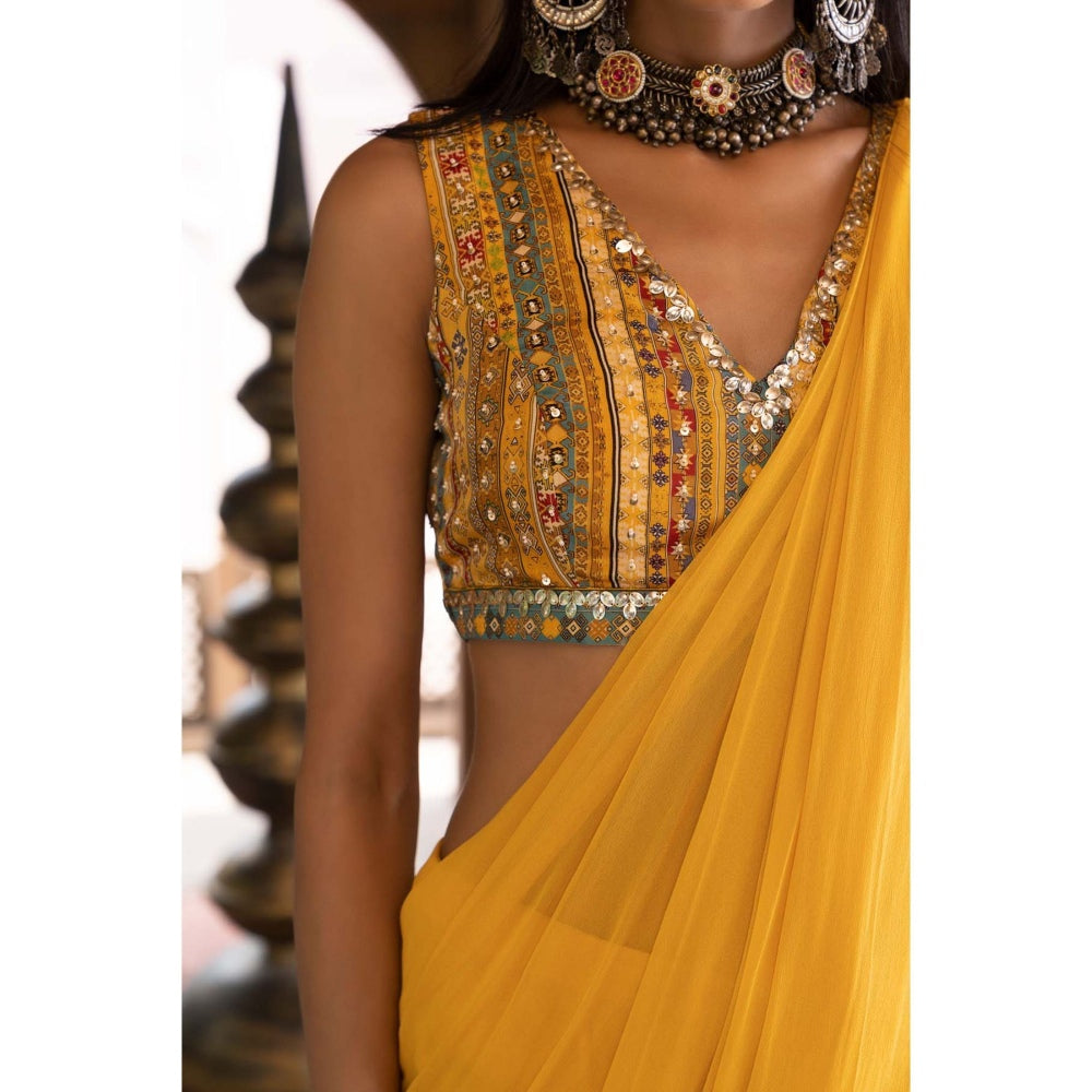 Chhavvi Aggarwal Yellow Pre-Draped Saree with Stitched Blouse (Set of 2)