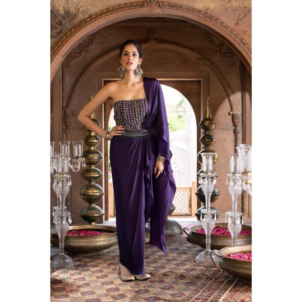 Chhavvi Aggarwal Purple Pre Draped Saree with Belt (Set of 2)