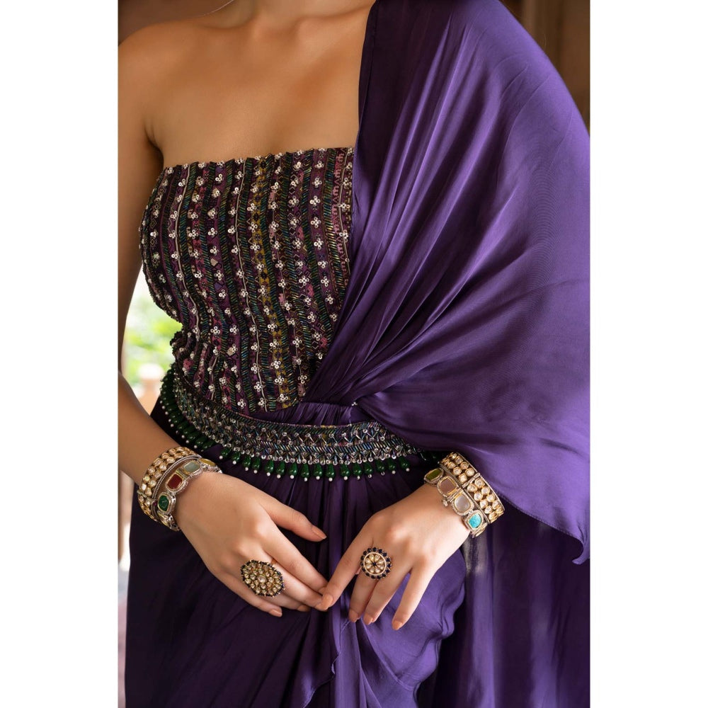 Chhavvi Aggarwal Purple Pre Draped Saree with Belt (Set of 2)
