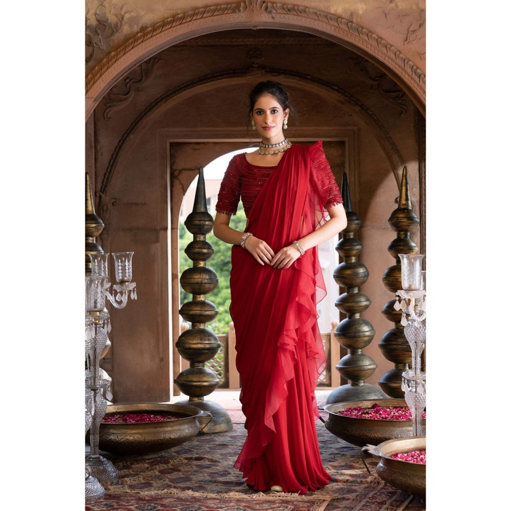 Chhavvi Aggarwal Red Pre- Draped Frill Saree with Stitched Blouse (Set of 2)