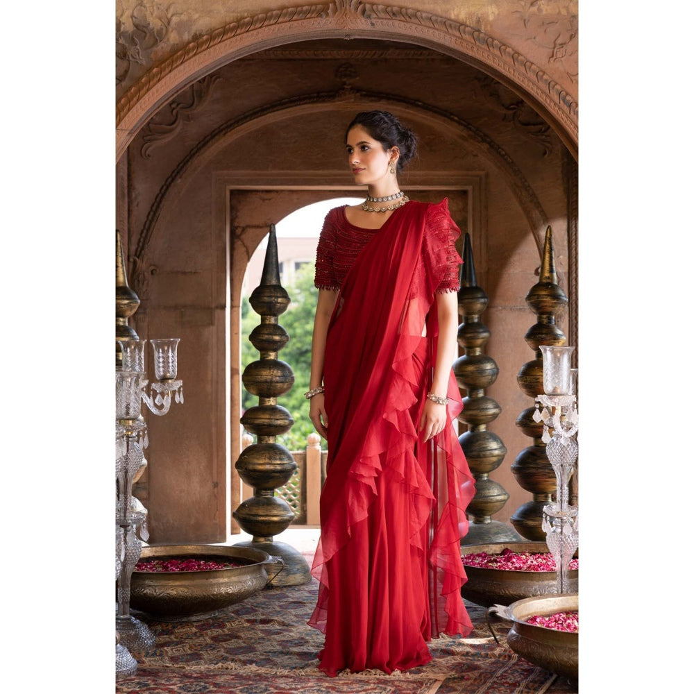 Chhavvi Aggarwal Red Pre- Draped Frill Saree with Stitched Blouse (Set of 2)