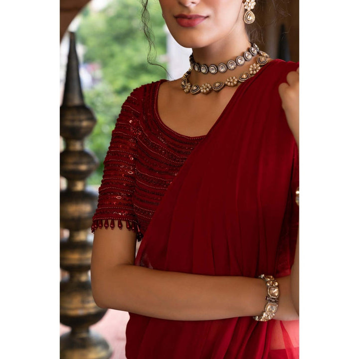 Chhavvi Aggarwal Red Pre- Draped Frill Saree with Stitched Blouse