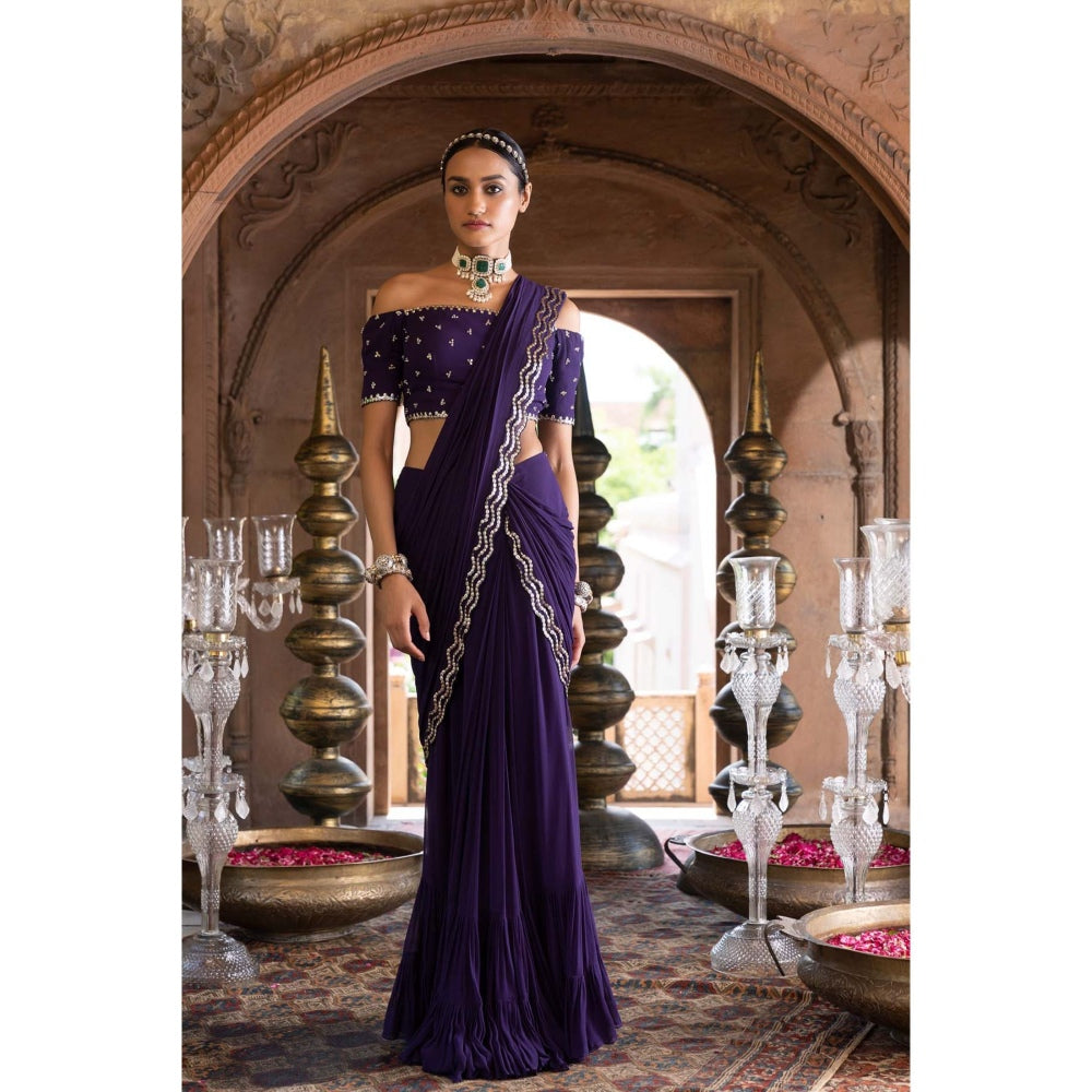 Chhavvi Aggarwal Purple Pre-Draped Saree with Off Shoulder Blouse with Stitched (Set of 2)
