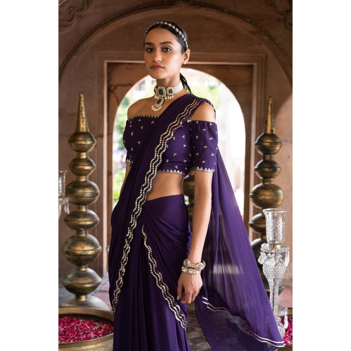 Chhavvi Aggarwal Purple Pre-Draped Saree with Off Shoulder Blouse with Stitched