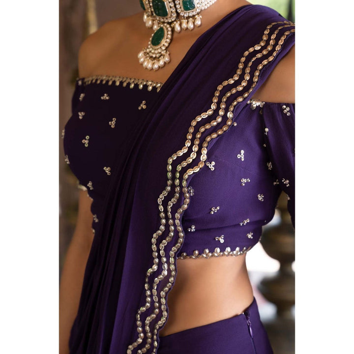 Chhavvi Aggarwal Purple Pre-Draped Saree with Off Shoulder Blouse with Stitched