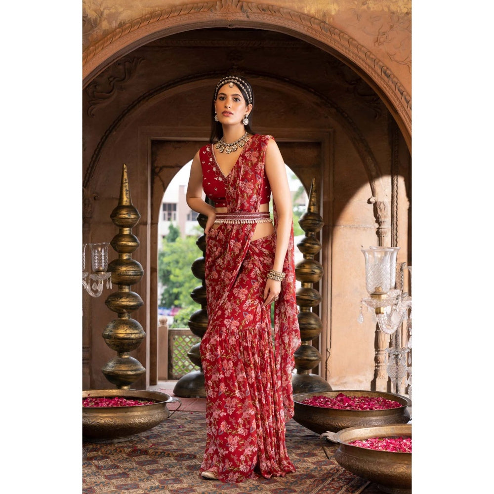 Chhavvi Aggarwal Red Floral Printed Saree with Stitched Blouse and Belt (Set of 3)