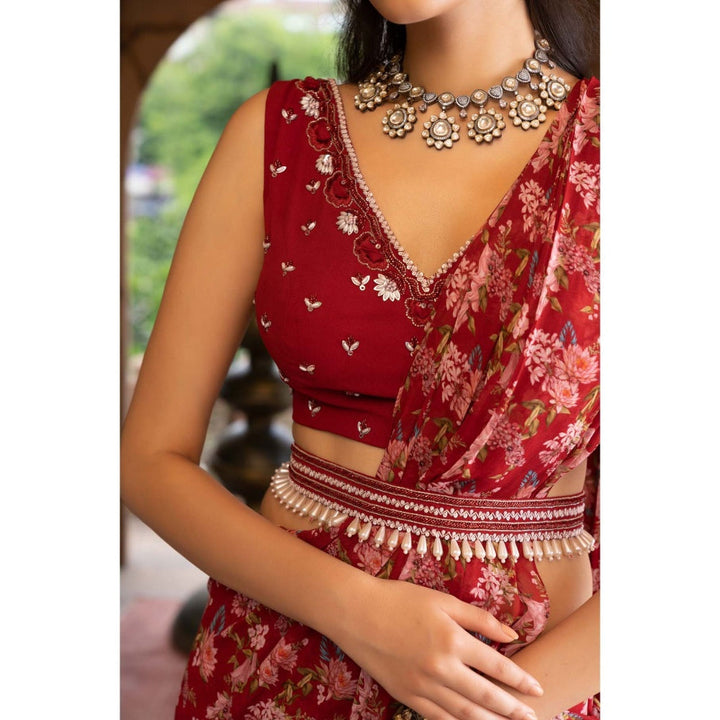 Chhavvi Aggarwal Red Floral Printed Saree with Stitched Blouse and Belt