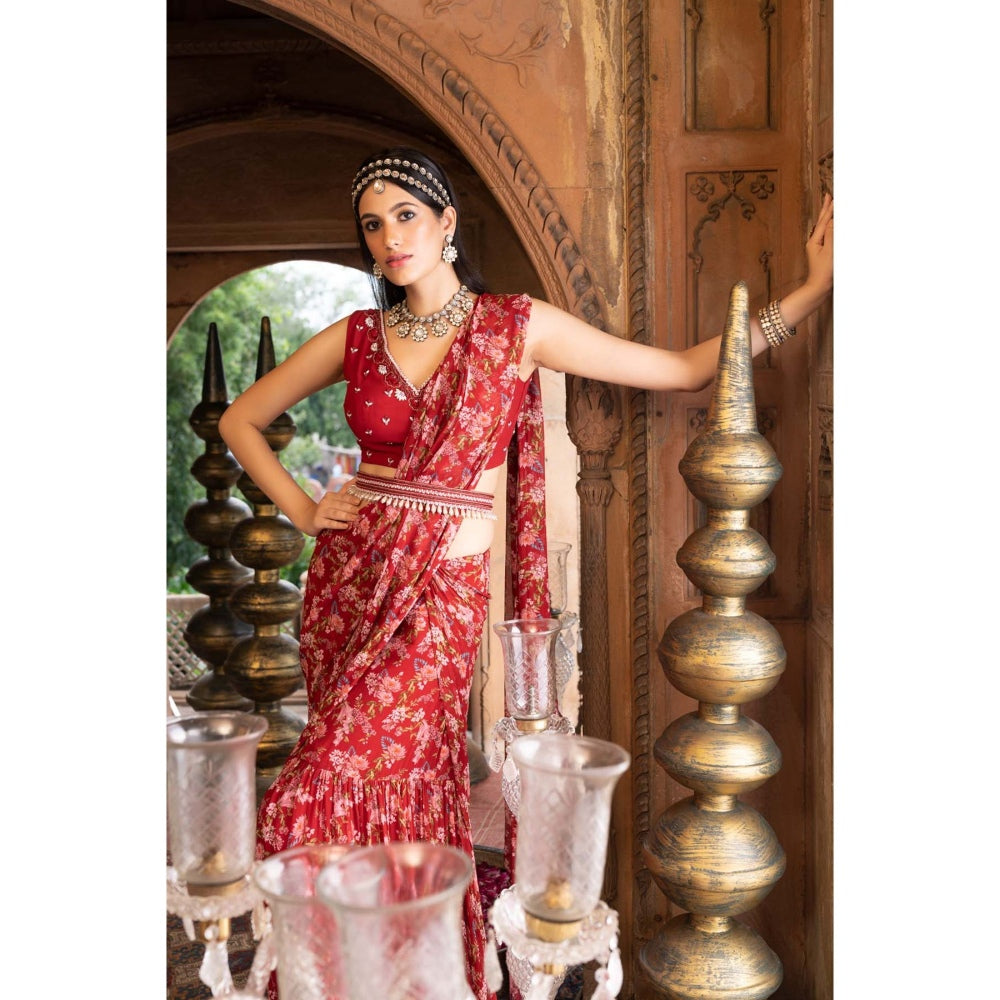 Chhavvi Aggarwal Red Floral Printed Saree with Stitched Blouse and Belt (Set of 3)
