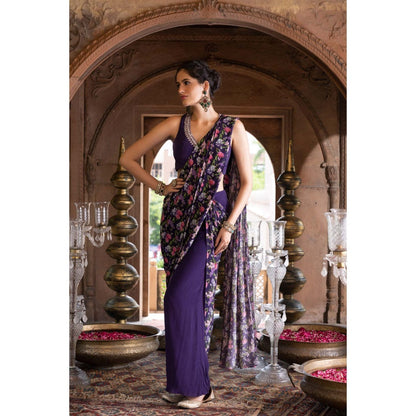 Chhavvi Aggarwal Purple Floral Printed Pant Saree with Stitched Blouse (Set of 2)
